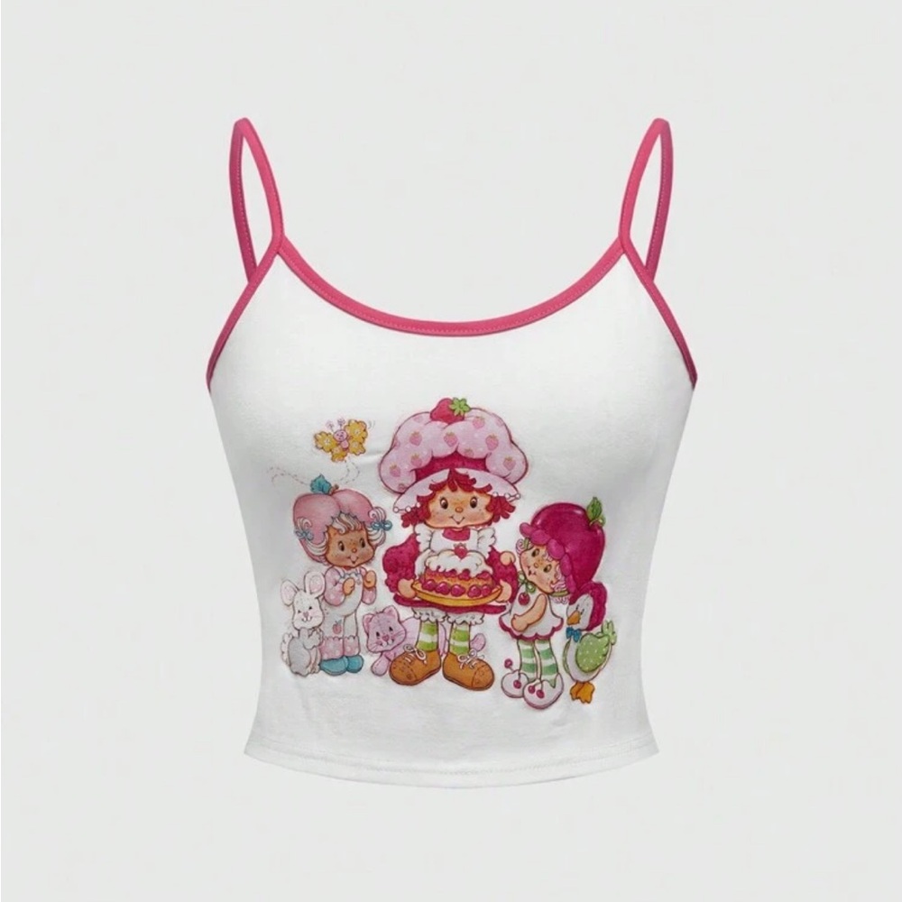 White Tank Top with Cartoon Print and Pink Trim